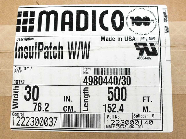 Madico InsulPatch W/W 4980440/30 box label showing item number, 30-inch width, 500-foot length, and roll number 1223000140
