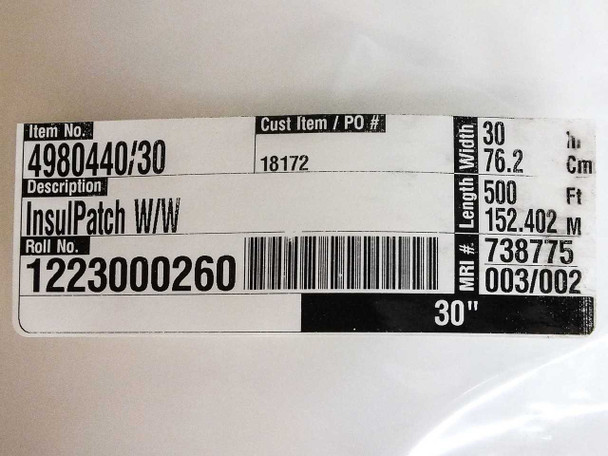 Madico InsulPatch W/W 4980440/30 roll end label showing item number, 30-inch width, 500-foot length, and roll number 1223000260