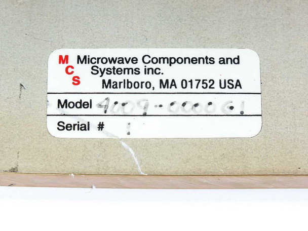 MCS 4009-0000G1 label showing Microwave Components and Systems Inc. Marlboro MA model number and serial number