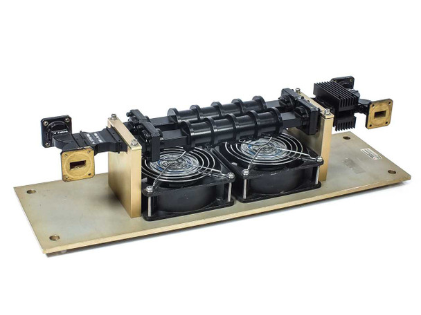 MCS 4009-0000G1 WR-75 Waveguide Port Assembly full view showing 4 waveguide ports and 2 Sunon cooling fans on brass baseplate