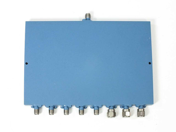 Merrimac PDM-81M-3.95G power divider – bottom view showing 8 SMA output connectors and smooth blue aluminum housing