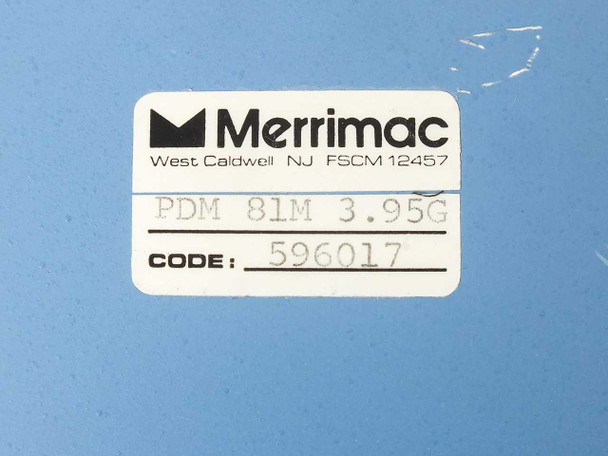 Merrimac PDM-81M-3.95G label close-up showing model PDM 81M 3.95G and code 596017, West Caldwell NJ FSCM 12457