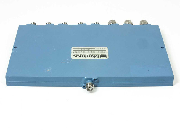 Merrimac PDM-81M-3.95G power divider – side view showing single SMA input port on top and 8 output ports on bottom edge