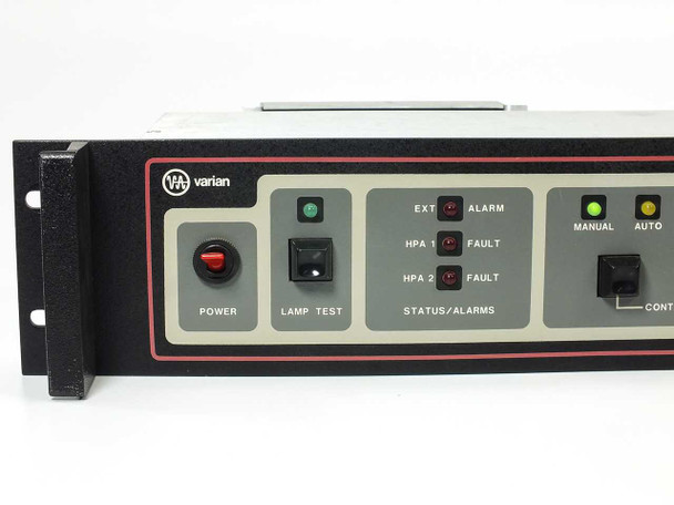 Varian VJC6767S1AKY front panel left section — Power button and Lamp Test switch with EXT Alarm and HPA 1/2 Fault LED indicators