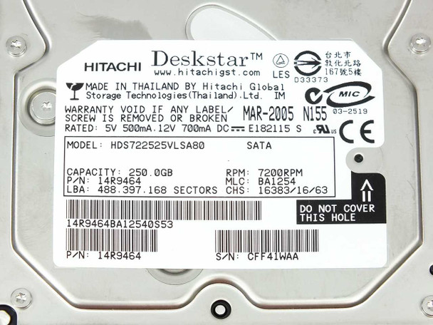 Hitachi Deskstar HDS722525VLSA80 — close-up of drive label with model, capacity, RPM, and part number 14R9464