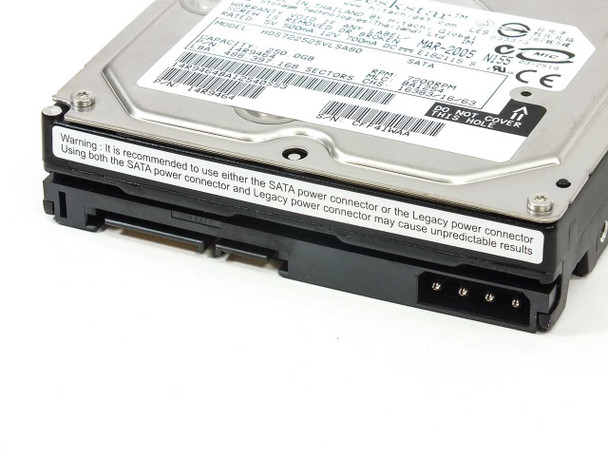 Hitachi Deskstar HDS722525VLSA80 — side/connector view showing SATA data and legacy power connectors with warning label