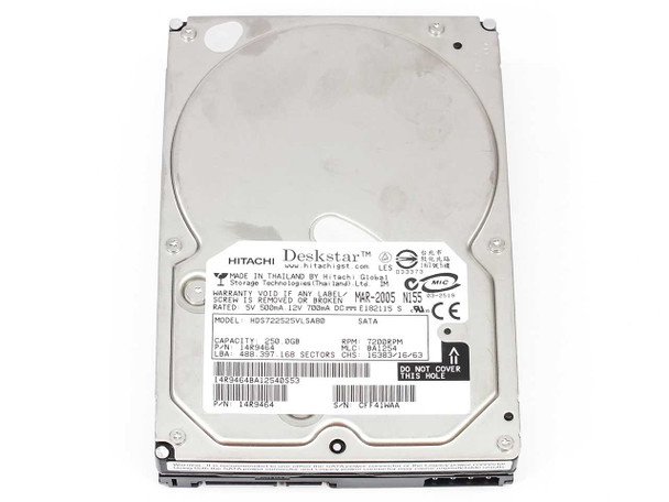 Hitachi Deskstar HDS722525VLSA80 250GB SATA hard drive — top label view showing model and specs