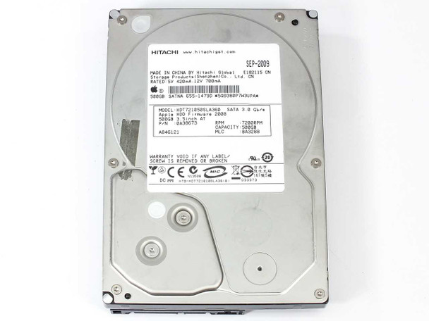 Hitachi HDT721050SLA360 500GB 3.5" SATA hard drive – top label view showing model, P/N 0A38673, and September 2009 manufacture date
