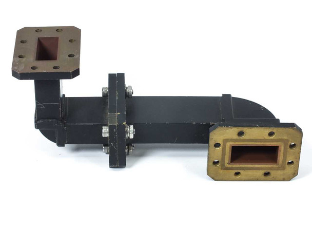 Satcom 3814402-19 WR-137 C-Band rigid 90° waveguide bend — full assembly side view showing both brass and black steel flanged ends