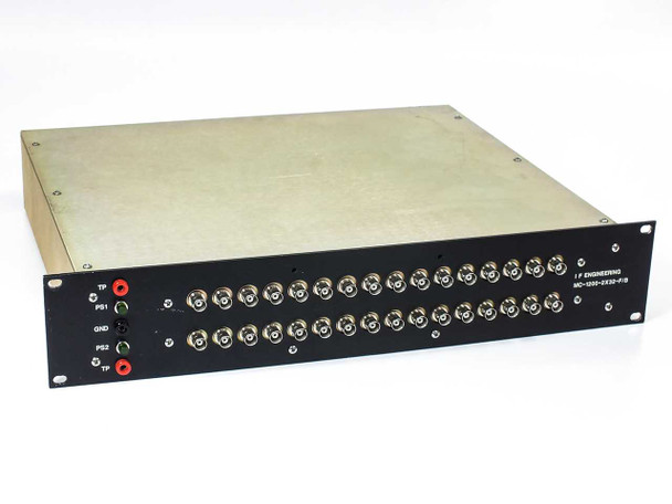 I.F. Engineering MC-1200-2X32-F/B-UG 32-port L-band distribution box – front panel with BNC connectors and PS1/PS2 indicators