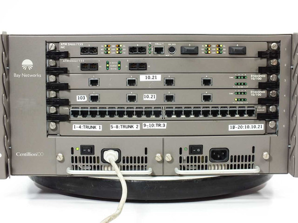 Bay Networks Centillion 100 front panel alternate angle with rack ears visible and power cable attached to lower-left IEC inlet on power supply