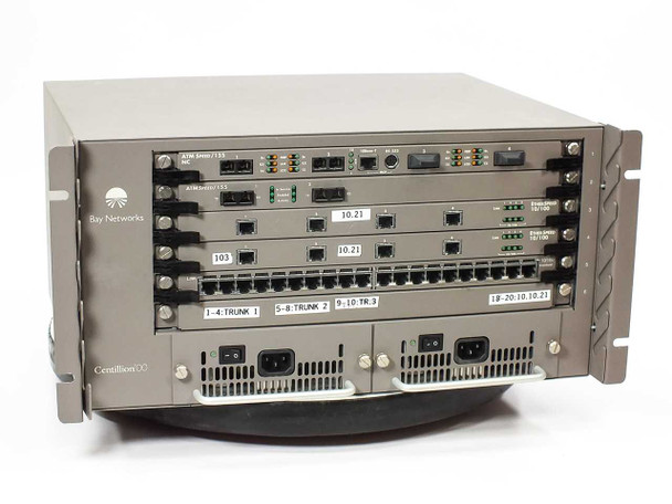 Bay Networks Centillion 100 5U rackmount switch — front panel view showing ATM Speed/155 NC board, ATM Speed/155 board, two EtherSpeed 10/100 boards, Token Ring trunk port row, and dual power supplies