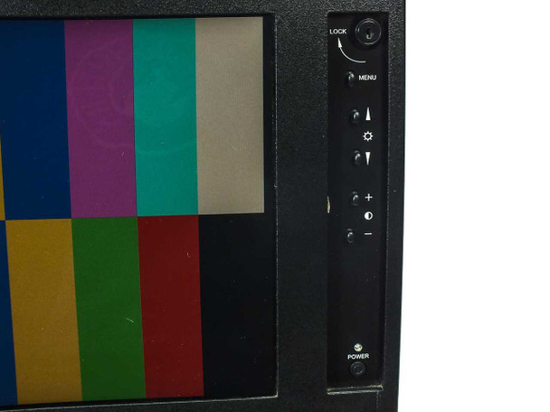 Videotek RMM-505B front panel right-side controls close-up showing LOCK key slot, MENU button, adjustment buttons, and POWER button with color bar test pattern visible on screen