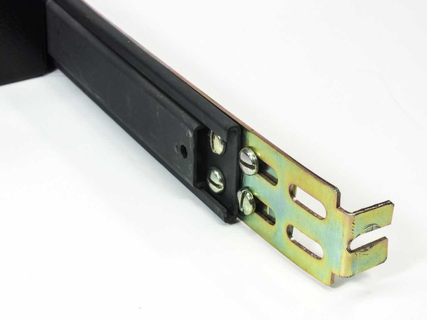 Videotek RMM-505B rack slide rail close-up showing rack mount bracket with slotted ears and mounting hardware — right side rail
