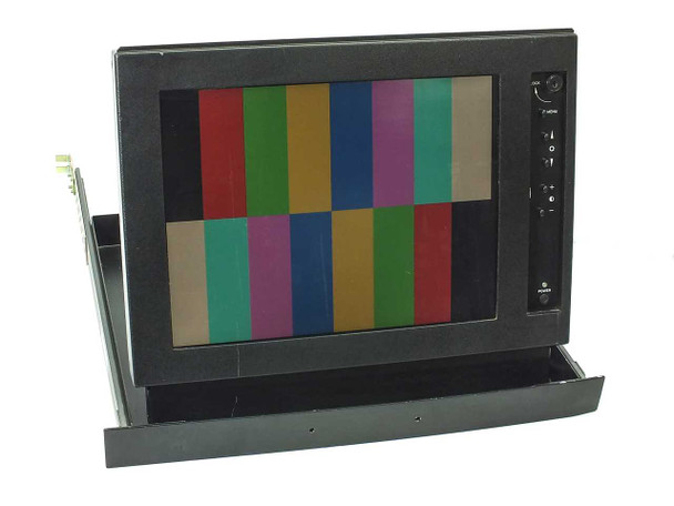 Videotek RMM-505B 15.4-inch rackmount pull-out LCD monitor shown open at an angle displaying color bar test pattern on a white background