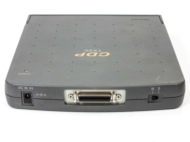I-O Data CDP-TX20 rear/bottom edge showing DC IN 5V barrel jack, 50-pin Centronics SCSI connector, and SCSI ID selector switch