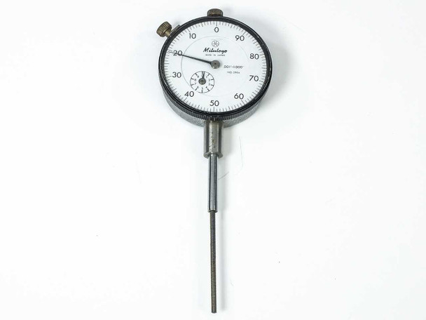 Mitutoyo 2904 dial indicator front view showing white dial face, 100-0 reverse reading scale, and extended custom tip stem