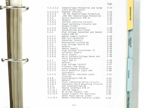 Varian manual Table of Contents page — Section 5 Theory of Operation continued, detailed power supply subsections including undervoltage protection, helix supply, and fault protection circuits