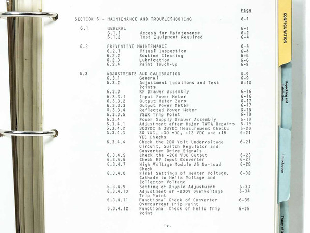 Varian manual Table of Contents continued — Section 6 Maintenance and Troubleshooting including preventive maintenance, adjustments, calibration, and corrective maintenance procedures
