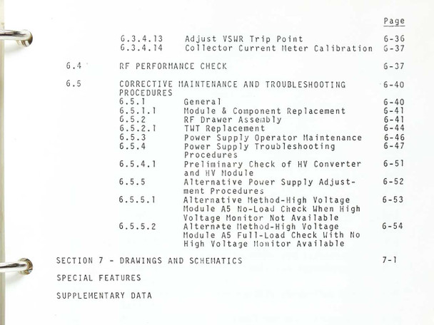 Varian manual Table of Contents — Section 6 continued showing corrective maintenance and troubleshooting procedures, TWT replacement, and power supply troubleshooting