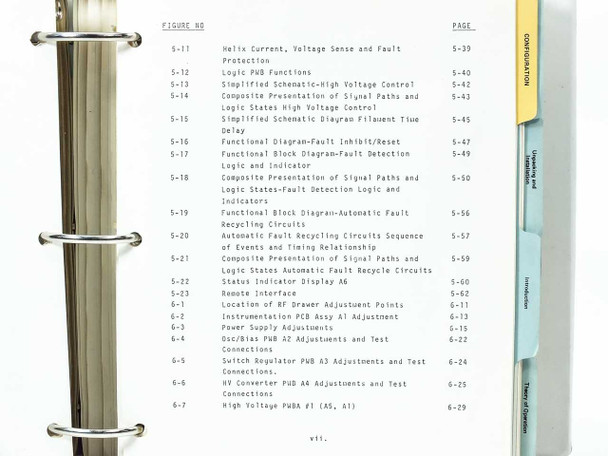 Varian manual List of Illustrations continued — figures 5-11 through 6-7 covering fault detection logic, remote interface, adjustment points, and high voltage module schematics