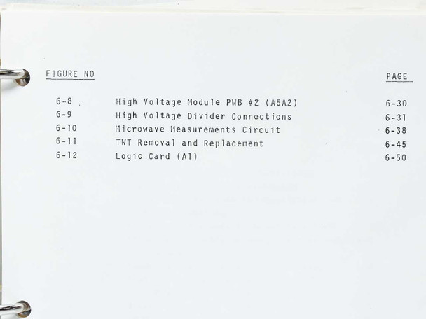 Varian manual List of Illustrations final page — figures 6-8 through 6-12 covering high voltage module PWB, high voltage divider connections, microwave measurements circuit, and TWT removal