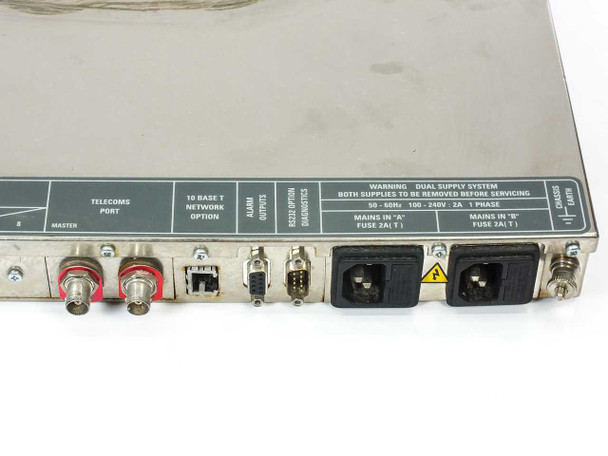 ARG 1900 Transmitter rear panel right section – telecom BNC ports, 10BASE-T network option port, DB9, alarm outputs, dual IEC AC power inlets with fuse holders and voltage label