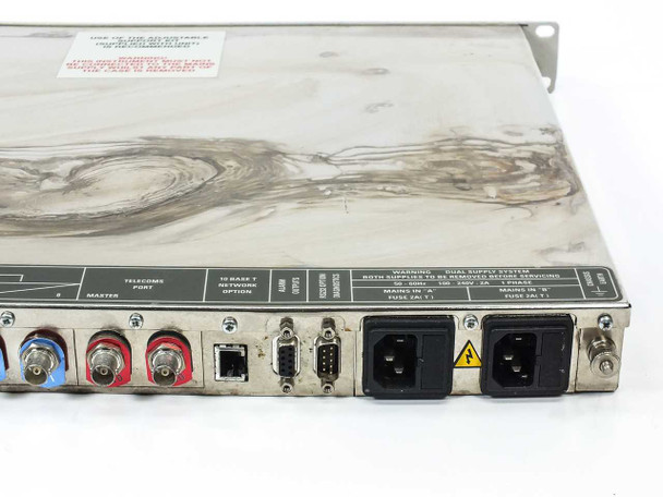 ARG 1900 1945-EQTW1-BOM Transmitter — rear panel left-side close-up showing row of BNC connectors labeled DATA PORTS, TELECOM PORT, and MASTER sections with blue and red color-coded BNC connectors and RJ-45 port