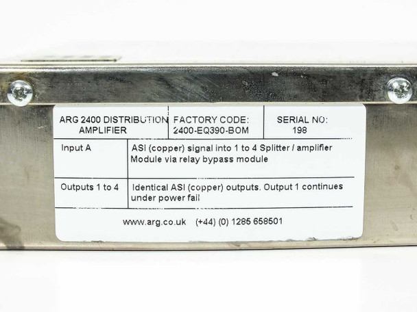 ARG 2400-EQ390-BOM label close-up showing model number, factory code, serial number, input/output signal specification, and ARG contact details