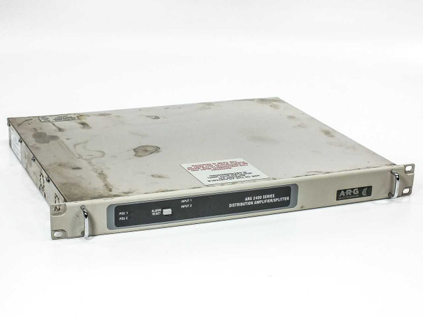 ARG 2400-EQ390-BOM Distribution Amplifier Splitter — 1U rackmount front panel, angled top view showing front label and rack ears