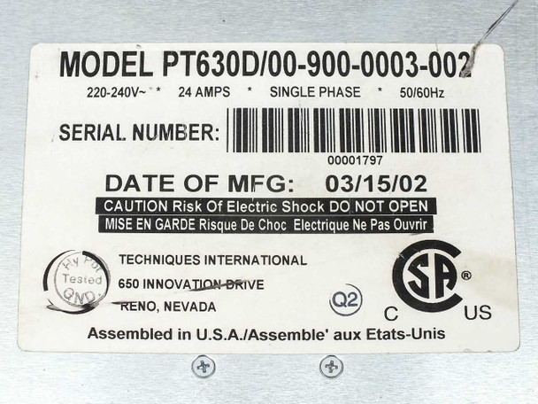 Techniques PT630D rating plate label showing model PT630D/00-900-0003-002, 220-240V, 24 Amps, Single Phase, 50/60Hz, serial number, date of manufacture 03/15/02, and Techniques International CSA markings