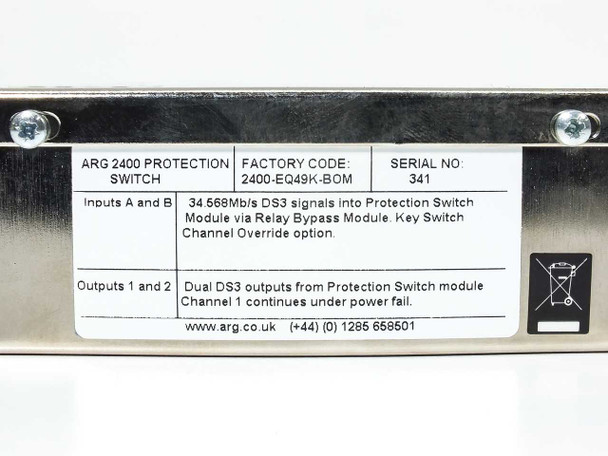 ARG 2400-EQ49K-BOM specification label showing serial number 341, DS3 input/output descriptions, and ARG contact information