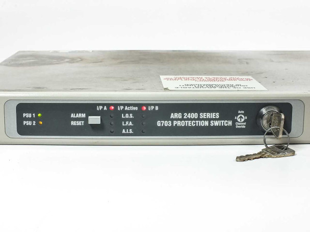 ARG 2402-EQ48K-BOM product label showing factory code, serial number 333, DS3 input/output specifications, and CE mark