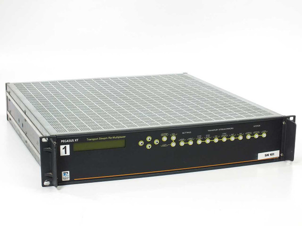 Scientific Atlanta Pegasus XT interior showing three parallel processing/input cards populated with Altera FLEX FPGAs and coaxial signal connections at base