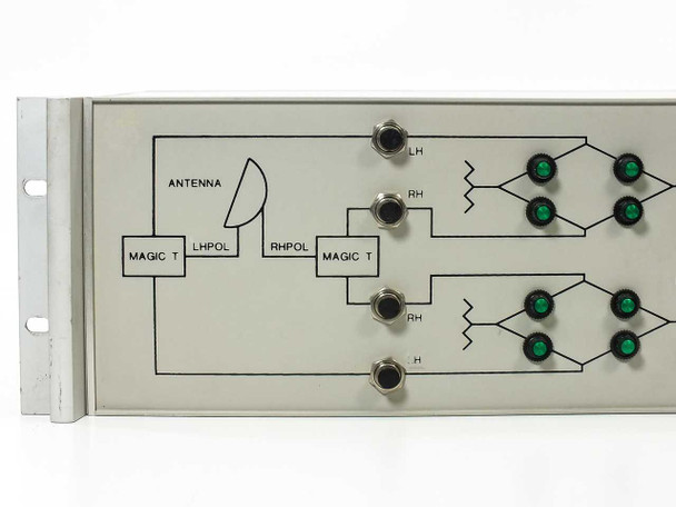Telecomm Engineering 142001-1 – left-side front panel detail showing antenna symbol, LHPOL/RHPOL feed paths, Magic T combiner diagram, LH and RH indicator LEDs