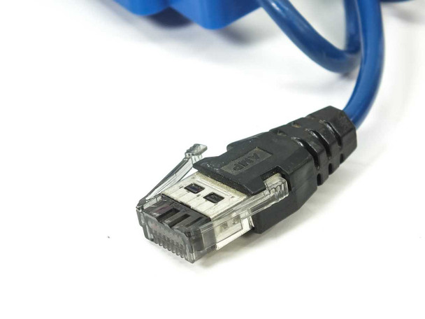 Close-up of RJ45 connector on the end of the SAM-304 amplifier blue cable
