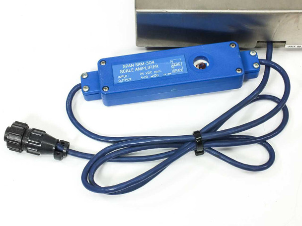 SPAN SAM-304 Scale Amplifier close-up showing label with 24 VDC input and 4-20 mA output specifications, ZERO and SPAN trim adjustment pots