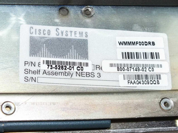 Cisco Systems label closeup showing P/N 800-07149-02 C0, 73-5262-01 C0, Shelf Assembly NEBS 3, serial number redacted