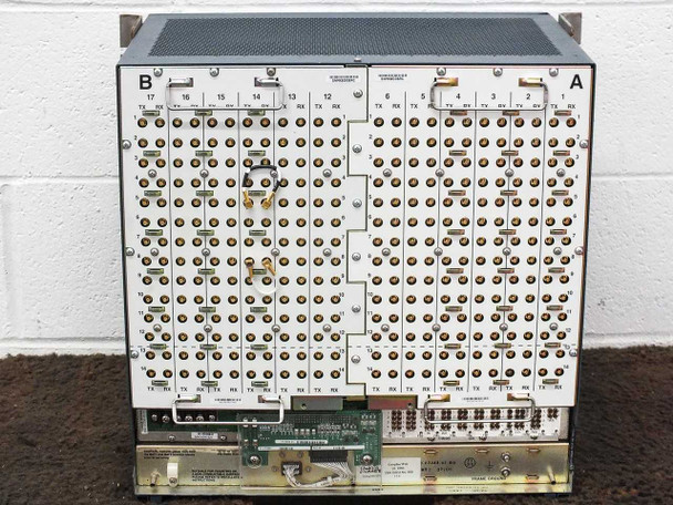 Cisco ONS 15454 rear backplane full view showing BNC TX/RX connector matrix for slots 3–17 on B side and slots 1–6 on A side