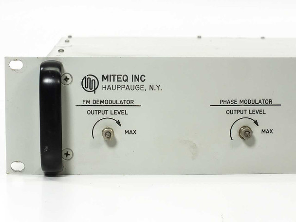 Miteq 6107 left side of front panel — close-up of FM Demodulator and Phase Modulator output level potentiometers with MAX markings, Miteq Inc. Hauppauge N.Y. badge