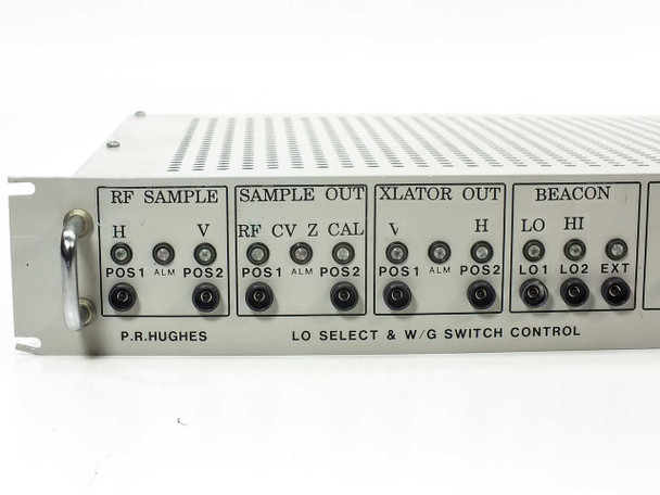 P.R. Hughes GT32A-6A – close-up of front panel lower half showing POS1/ALM/POS2 indicator BNC connectors across all switch sections and 'LO SELECT & W/G SWITCH CONTROL' label