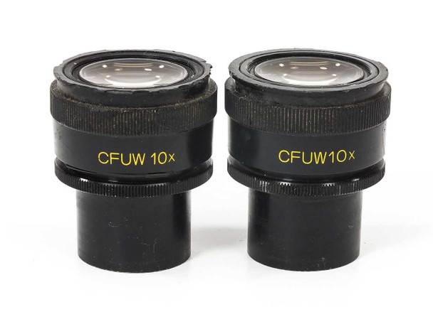 Nikon CFUW 10x eyepiece pair — front view showing CFUW 10x markings in yellow text on both barrels