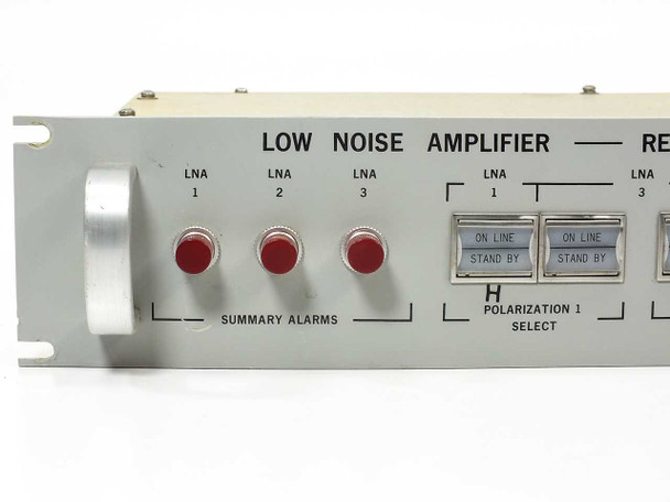LNR 506004259 front panel close-up – LNA 1, 2, 3 summary alarm LEDs and Polarization 1 Select On Line / Stand By switches