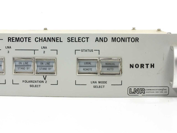 LNR 506004259 front panel close-up – Polarization 2 Select, LNA Mode Select (Local/Remote, Manual/Auto), Status section, and LNR Communications logo