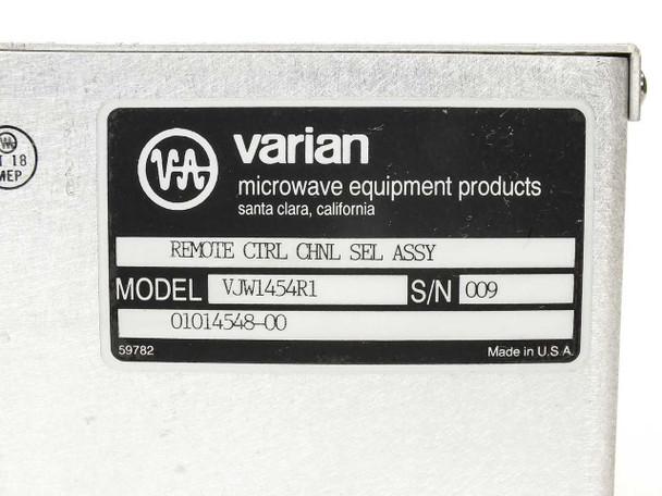 Varian microwave equipment products label showing model VJW1454R1, part number 01014548-00, S/N 009, Made in U.S.A., Santa Clara California