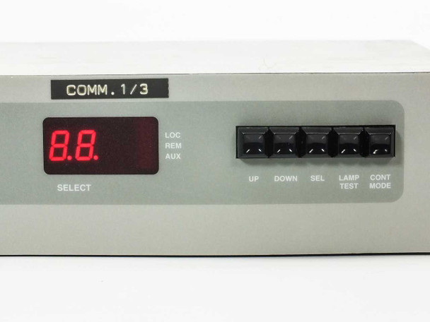 Varian VJW1454R1 front panel close-up — COMM.1/3 section with SELECT LED display showing 88, LOC/REM/AUX indicators, and UP/DOWN/SEL/LAMP TEST/CONT MODE pushbuttons