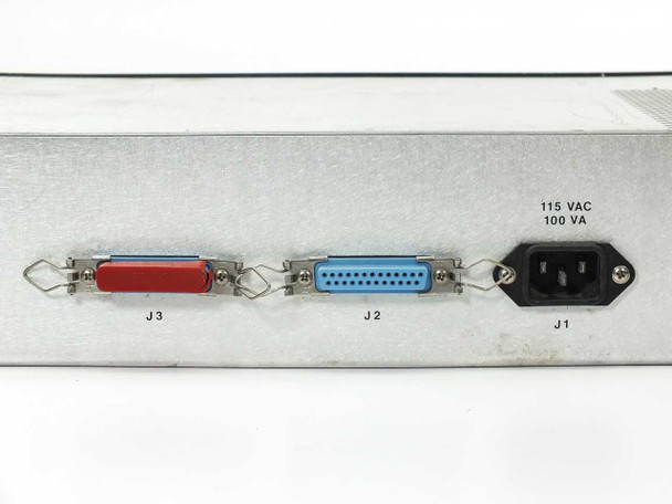 Varian VJW1454R1 rear panel detail — J3 red DB25, J2 blue DB25 connectors and J1 IEC inlet with 115 VAC 100 VA power rating label