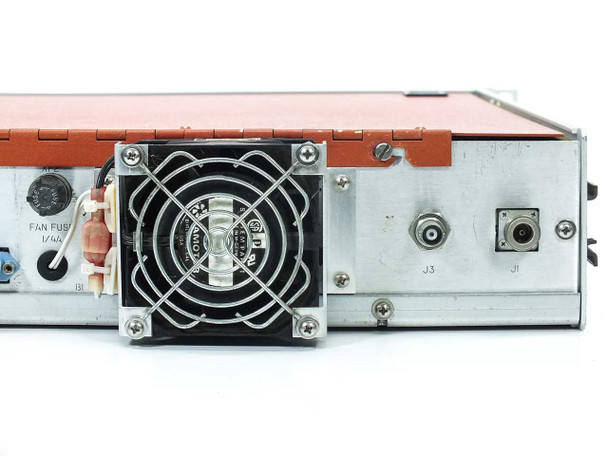 STS Statcom upconverter rear right panel showing cooling fan assembly, fan fuse, J3 and J1 coaxial RF output connectors