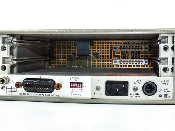 HP 3488A rear panel alternate view showing HP-IB connector, power switch, AC inlet, and line voltage limits label