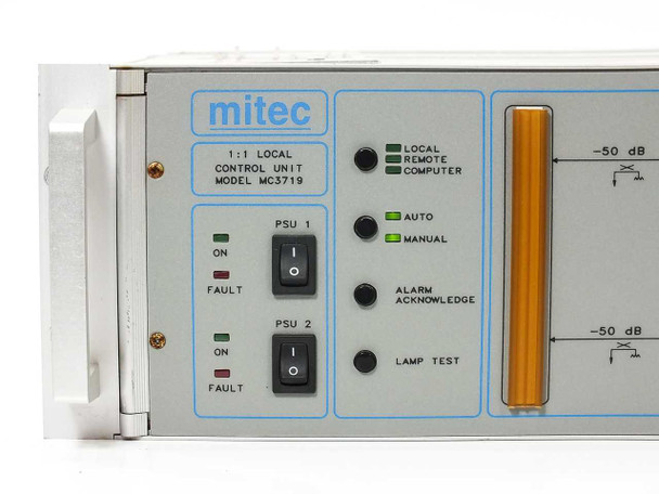 Mitec MC3719A front panel left section showing PSU 1 and PSU 2 switches, ON and FAULT indicators, and lamp test button